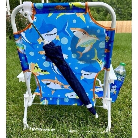 C&C CaliforniaBeach Chair Ages 3-6 Sharks Aquatic  Blue Umbrella Navy Cu… - Picture 3 of 9